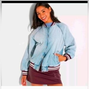 Wild Fable Women's Denim Varsity Jacket Medium Wash